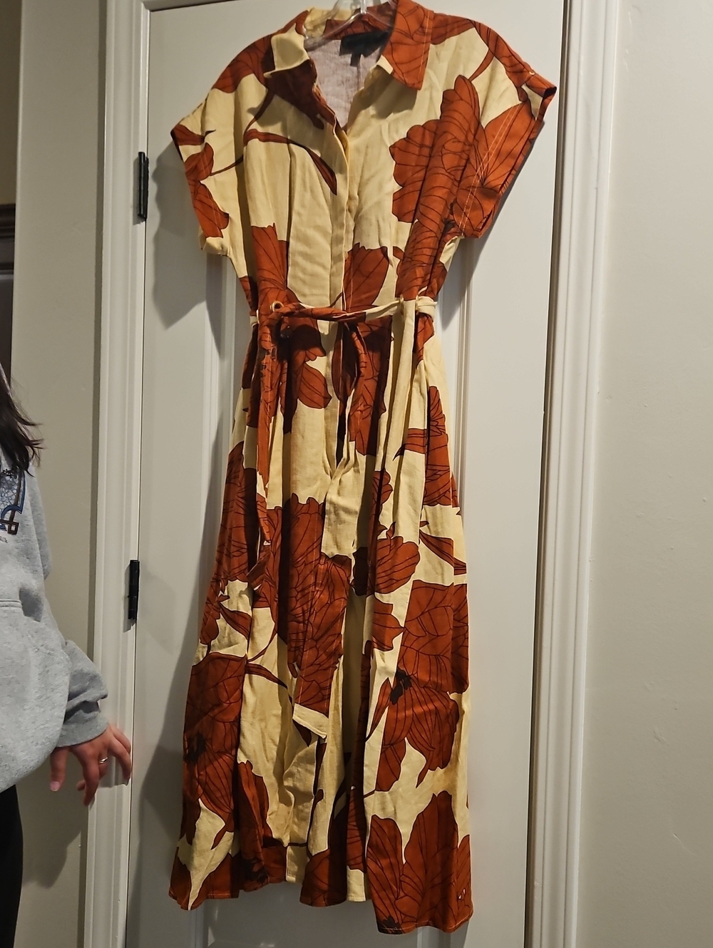 Donna Karan Cream and Rust Floral Midi Shirt Dress